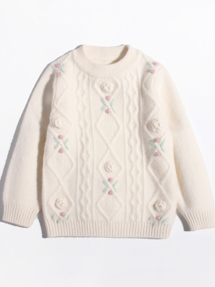 (image for) Girls Ivory 3D Floral Embroidery Cable Knit Cashmere Sweater